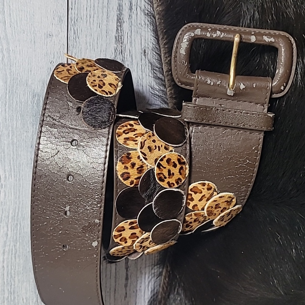 Vintage OSCAR DE LA RENTA LeatherBelt Leopard Print Calf Hair Brown Belt